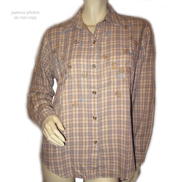 Vintage Y2K 90s 80s Liz Claiborne Button Up Shirt Top Plaid Khaki Preppy Western - Picture 1 of 8